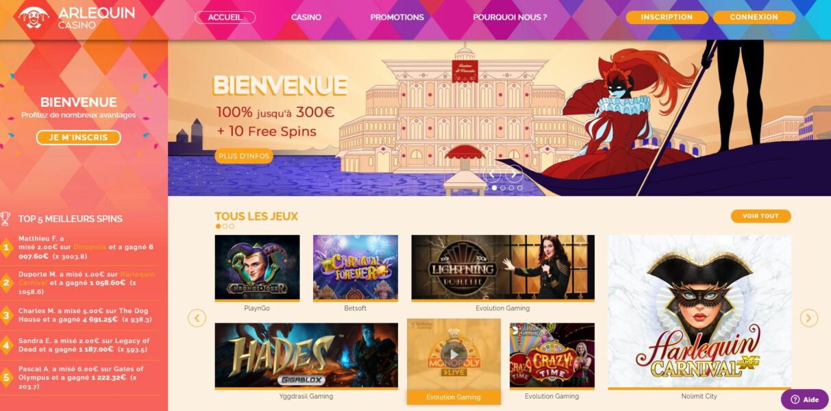 Arlequin Casino - capture écran page d'accueil